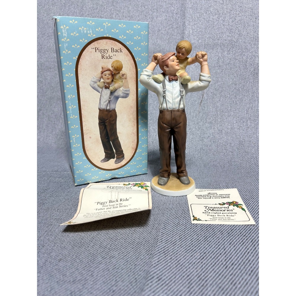 Enesco Treasured Memories Figurine Piggy Back Ride Father Son Brown 1984 Limited